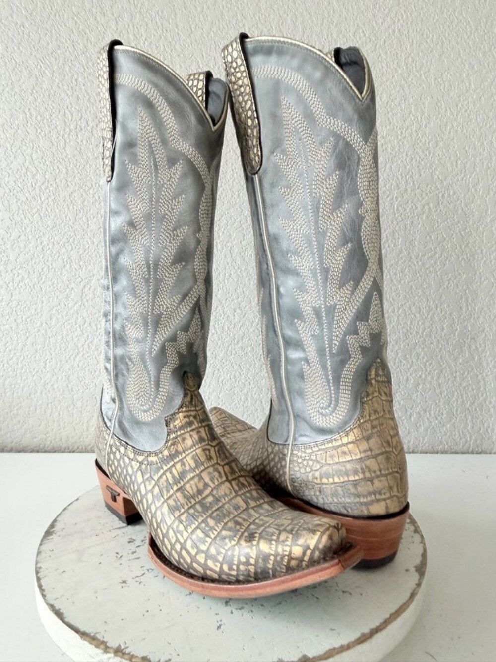 Lane Skylight Gilded Denim Cowboy Boots Womens 8.5 Western Cowgirl Tall Snip Toe